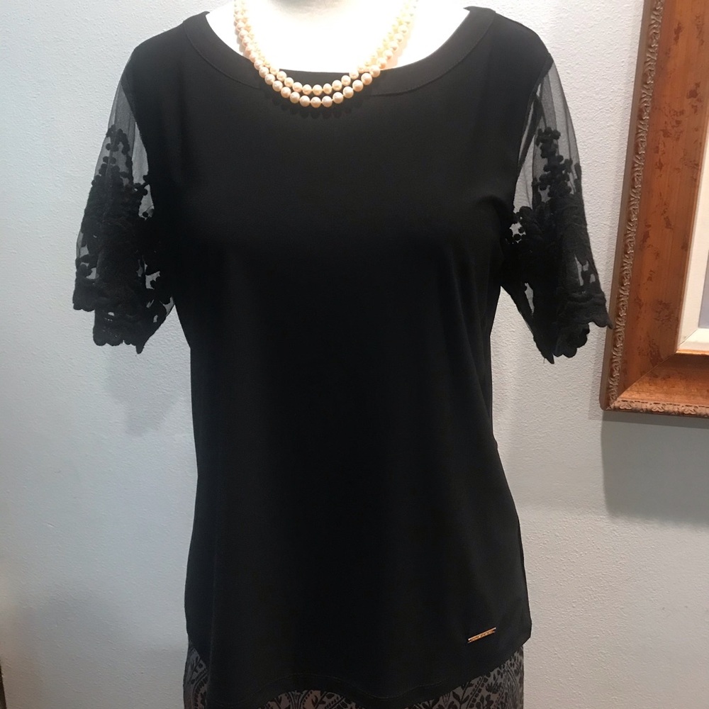 Nine West Black Blouse with Floral Mesh Sleeves